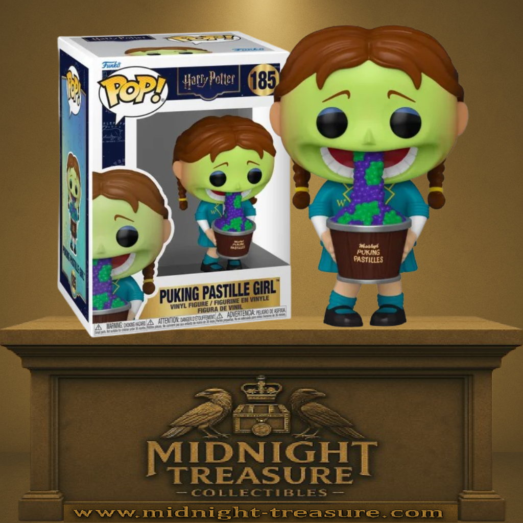 Funko Pop! Harry Potter – Puking Pastille Girl (N°185). Figurine représentant la fille verte des pastilles de gerbe des jumeaux Weasley, tenant un seau et vomissant des perles violettes et vertes. Une pièce drôle et culte pour les fans d’Harry Potter.