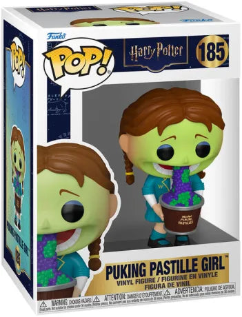 Funko Pop! Harry Potter – Puking Pastille Girl (N°185). Figurine représentant la fille verte des pastilles de gerbe des jumeaux Weasley, tenant un seau et vomissant des perles violettes et vertes. Une pièce drôle et culte pour les fans d’Harry Potter.