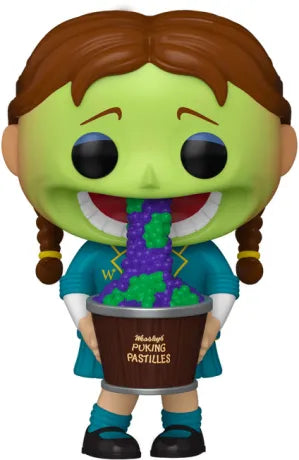 Funko Pop! Harry Potter – Puking Pastille Girl (N°185). Figurine représentant la fille verte des pastilles de gerbe des jumeaux Weasley, tenant un seau et vomissant des perles violettes et vertes. Une pièce drôle et culte pour les fans d’Harry Potter.