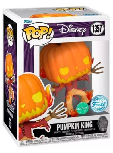 Funko Pop! The Nightmare Before Christmas – Pumpkin King (N°1357). Version enflammée et parfumée de Jack avec tête de citrouille. Une figurine Halloween incontournable pour les fans du film culte