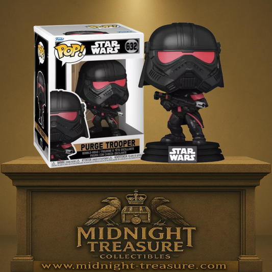 Funko Pop! Star Wars – Purge Trooper (N°632). Soldat en armure noire et rouge avec blaster et base Star Wars. Une figurine redoutable pour les fans de l’Empire et des Inquisiteurs.
