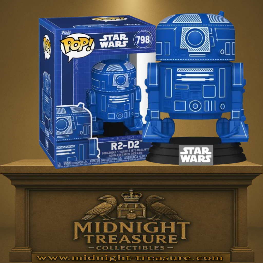 Funko Pop! Star Wars – R2-D2 (N°798 Blueprint). Figurine bleue stylisée en plan technique avec socle Star Wars. Un hommage design et original au droïde emblématique de la saga.