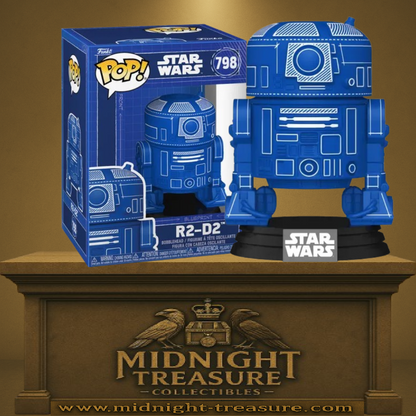 Funko Pop! Star Wars – R2-D2 (N°798 Blueprint). Figurine bleue stylisée en plan technique avec socle Star Wars. Un hommage design et original au droïde emblématique de la saga.