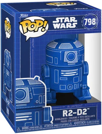Funko Pop! Star Wars – R2-D2 (N°798 Blueprint). Figurine bleue stylisée en plan technique avec socle Star Wars. Un hommage design et original au droïde emblématique de la saga.
