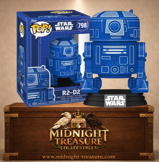 Funko Pop! Star Wars – R2-D2 (N°798 Blueprint). Figurine bleue stylisée en plan technique avec socle Star Wars. Un hommage design et original au droïde emblématique de la saga.