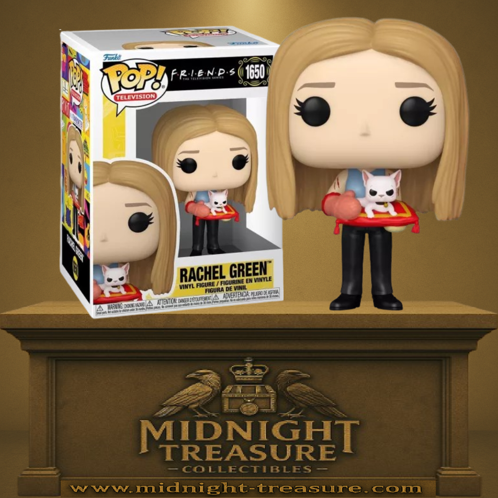 Funko Pop! Friends – Rachel Green (N°1650) avec Mrs. Whiskerson. Figurine représentant Rachel tenant son célèbre chat sur un coussin rouge. Une pièce incontournable pour les fans de la série culte.