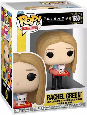 Funko Pop! Friends – Rachel Green (N°1650) avec Mrs. Whiskerson. Figurine représentant Rachel tenant son célèbre chat sur un coussin rouge. Une pièce incontournable pour les fans de la série culte.
