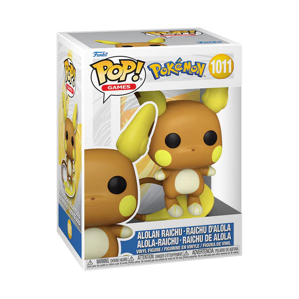 Funko Pop! Pokémon 1011 - Raichu d'Alola. Figurine représentant Raichu d'Alola en train de surfer sur sa queue, prêt à lancer une attaque Psy. Un must-have pour les collectionneurs et fans de Pokémon.