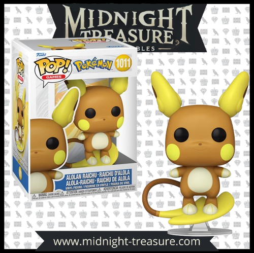 Funko Pop! Pokémon 1011 - Raichu d'Alola. Figurine représentant Raichu d'Alola en train de surfer sur sa queue, prêt à lancer une attaque Psy. Un must-have pour les collectionneurs et fans de Pokémon.