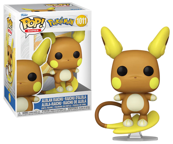 Funko Pop! Pokémon 1011 - Raichu d'Alola. Figurine représentant Raichu d'Alola en train de surfer sur sa queue, prêt à lancer une attaque Psy. Un must-have pour les collectionneurs et fans de Pokémon.