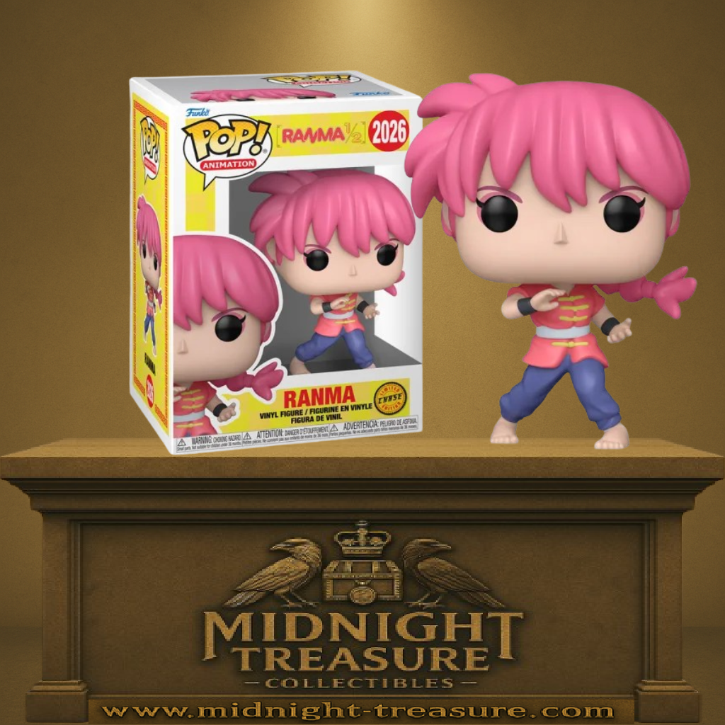 Funko Pop! Ranma ½ – Ranma (Version Fille) – Chase (N°2026). Ranma en posture de combat avec cheveux roses et tresse, haut rouge et pantalon bleu. Figurine rare pour les fans de Ranma ½.

