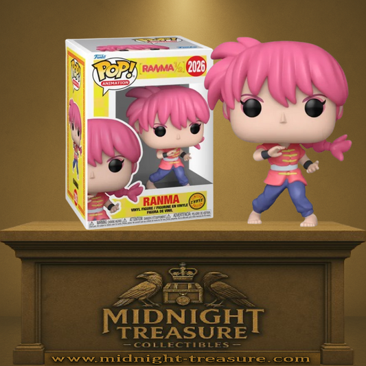 Funko Pop! Ranma ½ – Ranma (Version Fille) – Chase (N°2026). Ranma en posture de combat avec cheveux roses et tresse, haut rouge et pantalon bleu. Figurine rare pour les fans de Ranma ½.


