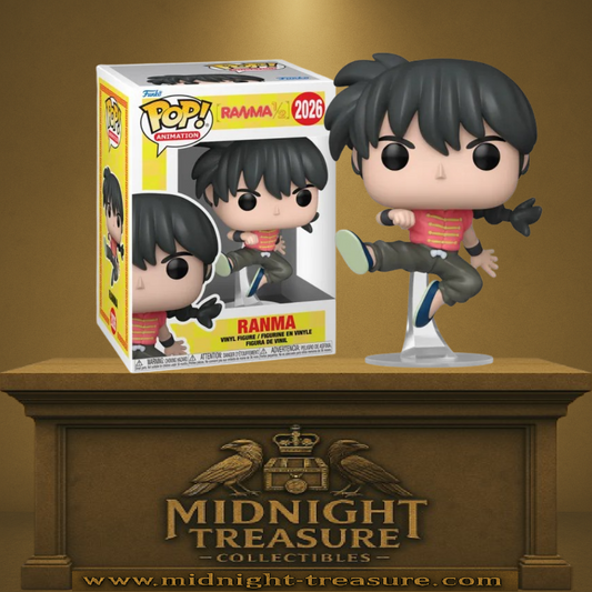 Funko Pop! Ranma ½ – Ranma (N°2026). Ranma en plein saut avec haut rouge, pantalon noir et tresse, prêt à frapper. Une figurine dynamique pour les fans de Ranma ½.

