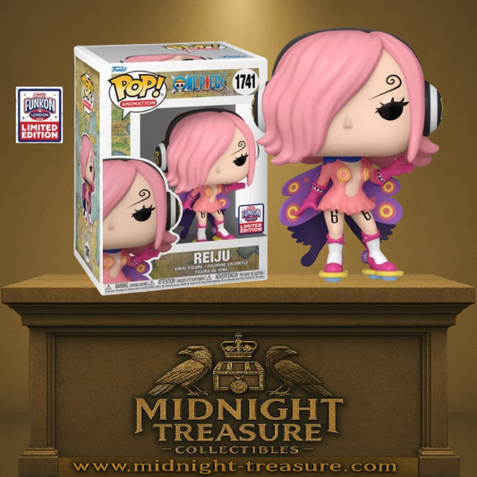 "Funko Pop! One Piece â Reiju (1741) â Funkon Limited Edition. Reiju Vinsmoke en tenue rose papillon, casque audio et pose Ă©lĂ©gante. Une figurine rare et fĂ©minine pour les fans de One Piece