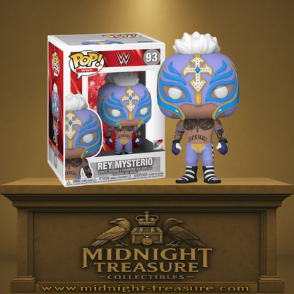 Funko Pop! WWE – Rey Mysterio (N°93). Masque bleu/or, tatouages détaillés et tenue de lucha libre. Figurine fidèle à la superstar de la WWE.