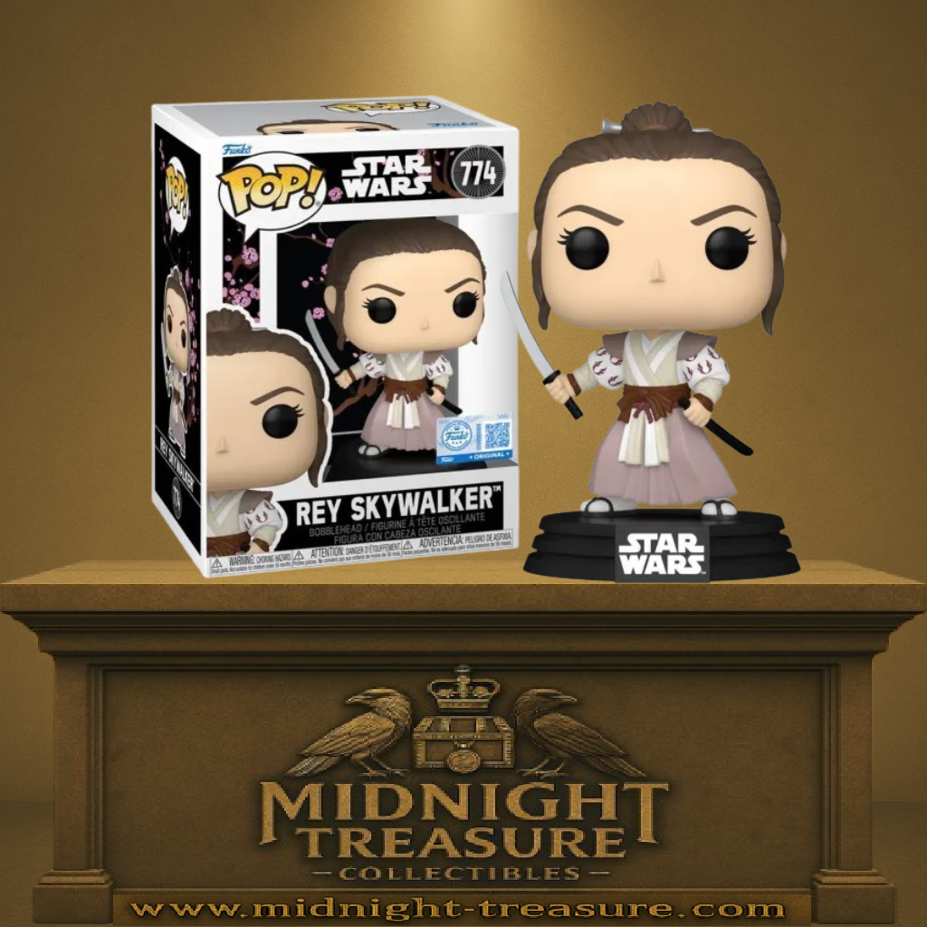 Funko Pop! Star Wars – Rey Skywalker Samurai (N°774). Rey en tenue samouraï avec katana, kimono rose et socle Star Wars. Figurine stylisée et détaillée.