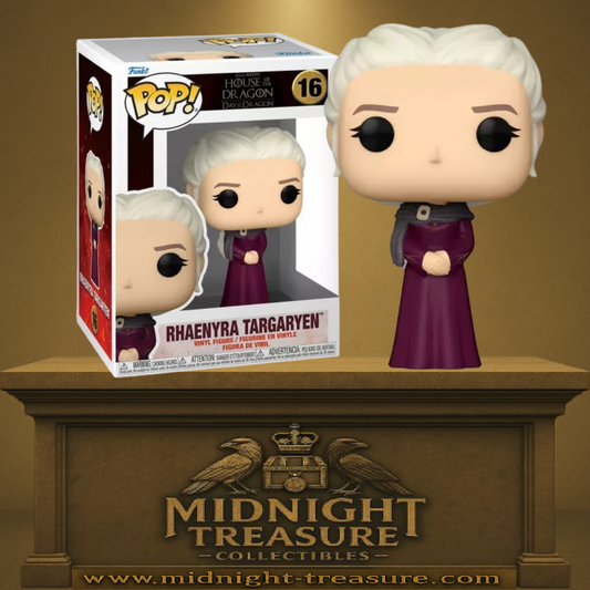 Funko Pop! House of the Dragon – Rhaenyra Targaryen (N°16). Figurine détaillée représentant Rhaenyra avec ses cheveux argentés et sa robe pourpre royale. Un incontournable pour les fans de la dynastie Targaryen et de l’univers Game of Thrones.