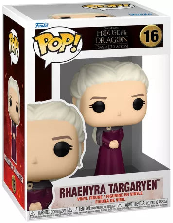 Funko Pop! House of the Dragon – Rhaenyra Targaryen (N°16). Figurine détaillée représentant Rhaenyra avec ses cheveux argentés et sa robe pourpre royale. Un incontournable pour les fans de la dynastie Targaryen et de l’univers Game of Thrones.