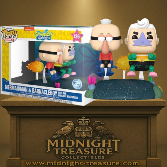 Funko Pop! Ride Bob l’Éponge – Mermaidman & Barnacleboy avec Boatmobile Invisible (N°126). Le duo culte dans leur véhicule invisible, avec décor marin. Une Pop! unique pour les fans de Bikini Bottom.