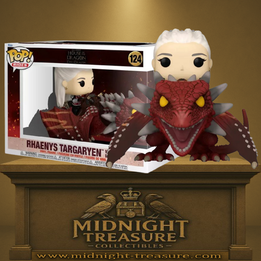 Funko Pop! Rides House of the Dragon – Rhaenys Targaryen with Meleys (N°124). Figurine représentant Rhaenys Targaryen chevauchant le dragon Meleys, dans une scène emblématique de la série.