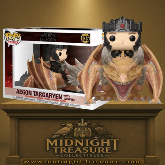 Funko Pop! Rides House of the Dragon – Aegon Targaryen with Sunfyre (N°135). Prince Targaryen en armure chevauchant le dragon doré Sunfyre, issu de la série HBO.