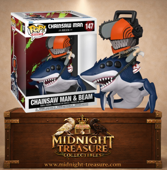 Funko Pop! Rides N°147 – Chainsaw Man chevauchant Beam, le Démon-Requin, inspiré du Bomb Girl Arc de Chainsaw Man.