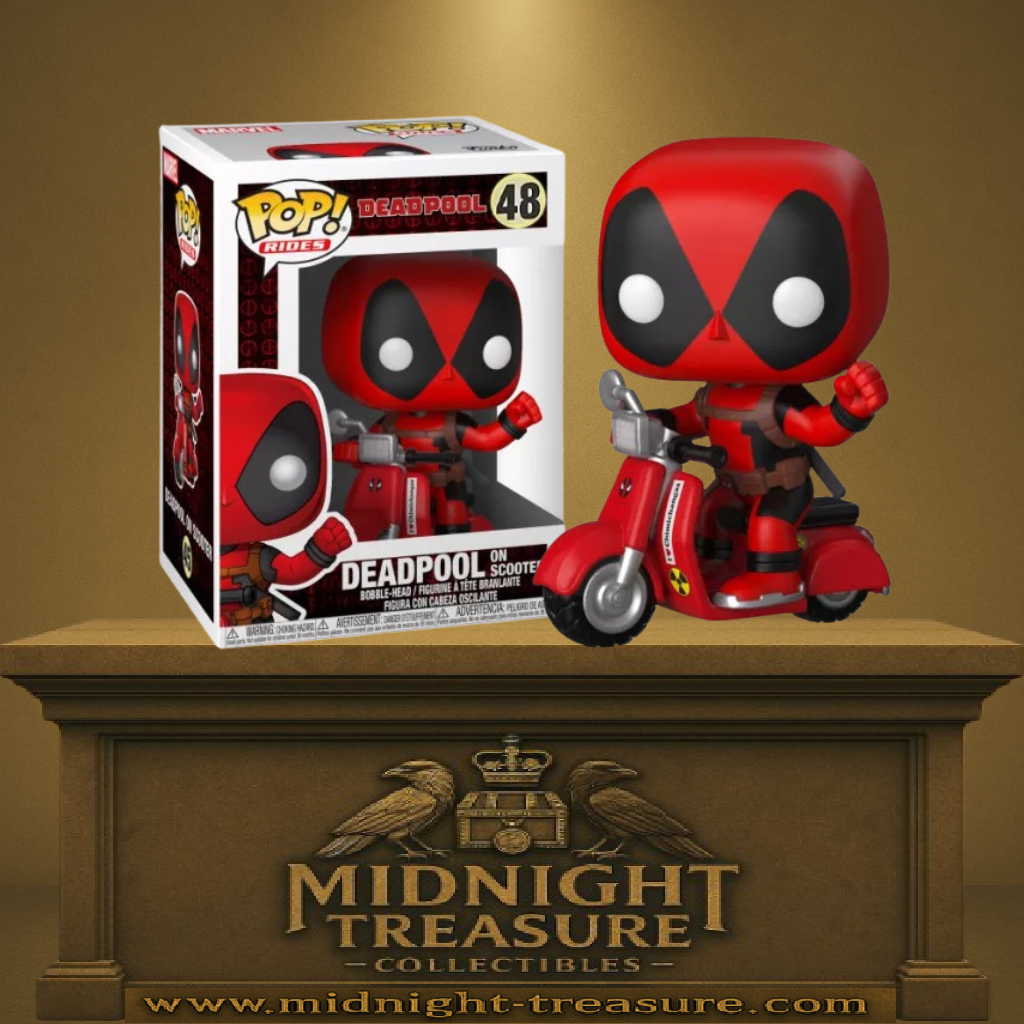 Funko Pop! Rides Marvel – Deadpool on Scooter (Deadpool en scooter) (N°48). Deadpool en costume rouge et noir assis sur un scooter rouge, figurine fun et dynamique.