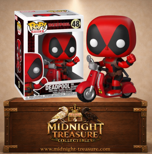 Funko Pop! Rides N°48 – Deadpool on Scooter (Deadpool en scooter) Marvel, avec Wade Wilson en costume rouge et noir conduisant un scooter rouge personnalisé.