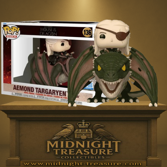Funko Pop! Rides House of the Dragon – Aemond Targaryen avec Vhagar (N°136). Figurine d’Aemond en armure avec cache-œil chevauchant le puissant dragon Vhagar aux écailles vertes et aux yeux jaunes. Une pièce incontournable pour les fans de l’univers Targaryen.