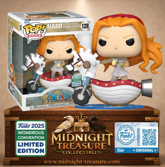 🍊🌊 Funko Pop! Rides Deluxe N°128 – Nami with White Hobby Horse (Nami avec le Cheval Blanc) – One Piece – Wondrous Convention 2025 Limited Edition 🌊🍊