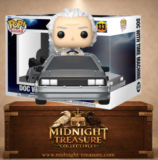Funko Pop! Rides Deluxe N°133 – Doc Brown au volant de la DeLorean machine à voyager dans le temps pour les 40 ans de Retour vers le futur.
