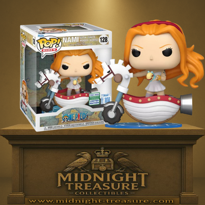 "Funko Pop! Rides One Piece (128) – Nami with White Hobby Horse. Nami sur un cheval-bateau blanc, tenant un escargophone. Une figurine dynamique et détaillée pour les fans de One Piece."