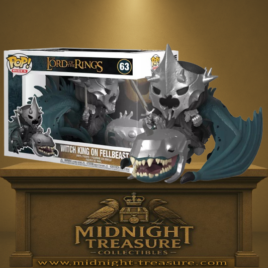 Funko Pop! Rides The Lord of the Rings â Witch King on Fellbeast (N°63). Figurine imposante du Roi-Sorcier armĂ© dâune Ă©pĂ©e, chevauchant son monstrueux coursier ailĂ©. Une piĂšce sombre et iconique pour les fans de Tolkien.