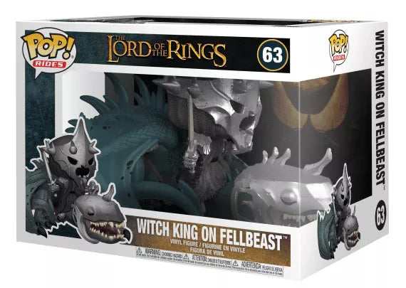 Funko Pop! Rides The Lord of the Rings – Witch King on Fellbeast (N°63). Figurine imposante du Roi-Sorcier armé d’une épée, chevauchant son monstrueux coursier ailé. Une pièce sombre et iconique pour les fans de Tolkien.