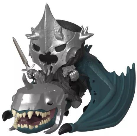 Funko Pop! Rides The Lord of the Rings – Witch King on Fellbeast (N°63). Figurine imposante du Roi-Sorcier armé d’une épée, chevauchant son monstrueux coursier ailé. Une pièce sombre et iconique pour les fans de Tolkien.