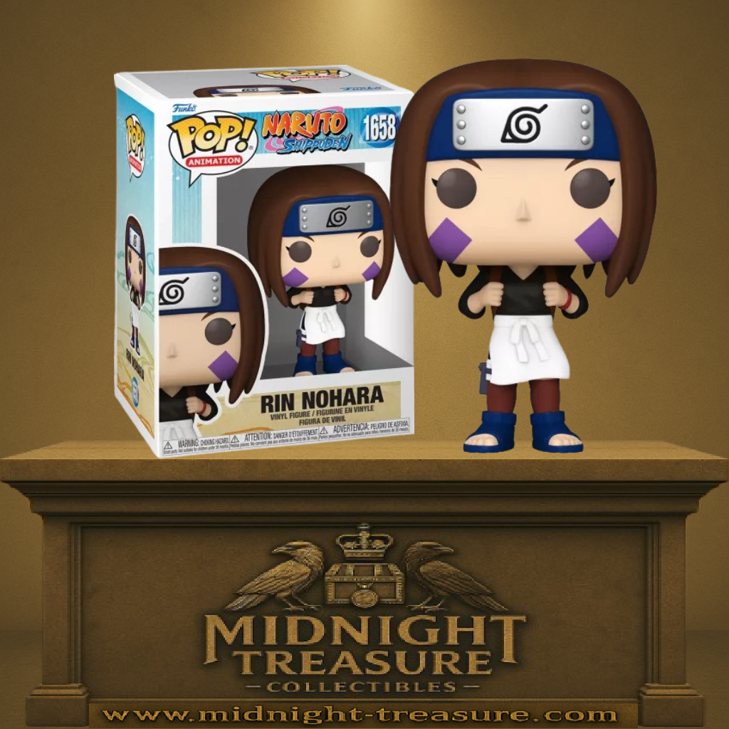 Funko Pop! Naruto Shippuden – Rin Nohara (N°1658). Figurine fidèle avec tablier médical blanc, marques violettes sur les joues et bandeau de Konoha. Un hommage à l’équipe Minato pour les fans de Naruto.