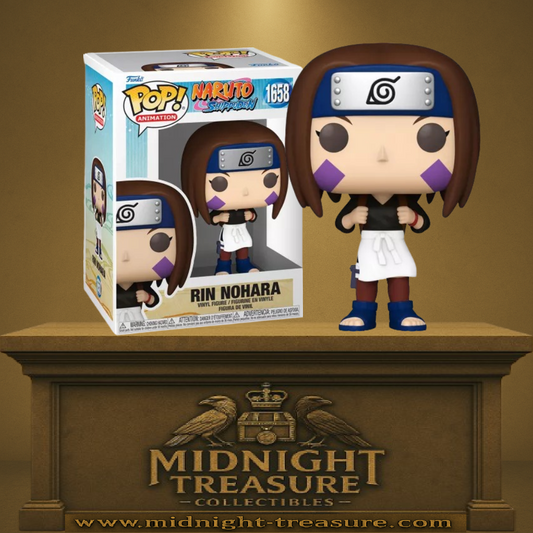 Funko Pop! Naruto Shippuden – Rin Nohara (N°1658). Figurine fidèle avec tablier médical blanc, marques violettes sur les joues et bandeau de Konoha. Un hommage à l’équipe Minato pour les fans de Naruto.