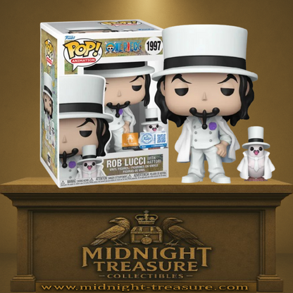 Funko Pop! One Piece – Rob Lucci with Hattori (Rob Lucci avec Hattori) (N°1997). Figurine représentant Rob Lucci en costume blanc avec haut-de-forme, accompagné de son pigeon Hattori également habillé. Une pièce incontournable pour les fans de One Piece.