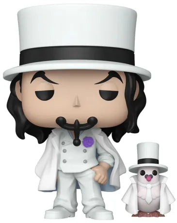 Funko Pop! One Piece – Rob Lucci with Hattori (Rob Lucci avec Hattori) – Lot exclusif Chase + CP0 (N°1997). Ensemble incluant Rob Lucci en costume noir (édition Chase) et en tenue blanche (CP0) avec son pigeon Hattori assorti. Un pack collector indispensable pour les fans de One Piece.