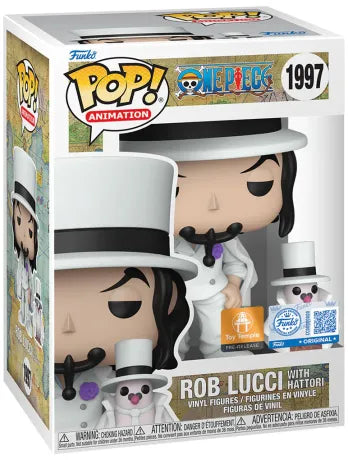 Funko Pop! One Piece – Rob Lucci with Hattori (Rob Lucci avec Hattori) – Lot exclusif Chase + CP0 (N°1997). Ensemble incluant Rob Lucci en costume noir (édition Chase) et en tenue blanche (CP0) avec son pigeon Hattori assorti. Un pack collector indispensable pour les fans de One Piece.