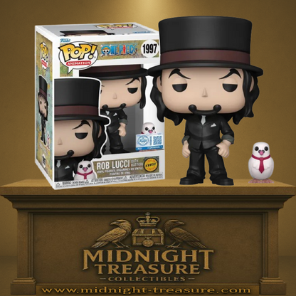Funko Pop! One Piece – Rob Lucci with Hattori (Rob Lucci avec Hattori) – Version Chase (N°1997). Figurine rare en costume noir avec Hattori portant une cravate rouge. Une édition collector incontournable pour les fans de One Piece.