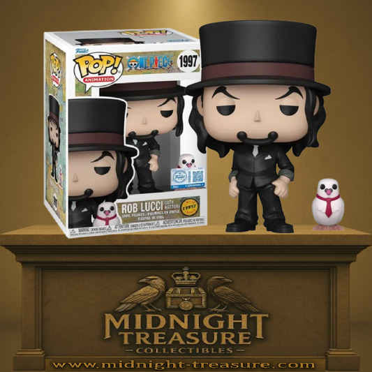 Funko Pop! One Piece – Rob Lucci with Hattori (Rob Lucci avec Hattori) – Version Chase (N°1997). Figurine rare en costume noir avec Hattori portant une cravate rouge. Une édition collector incontournable pour les fans de One Piece.