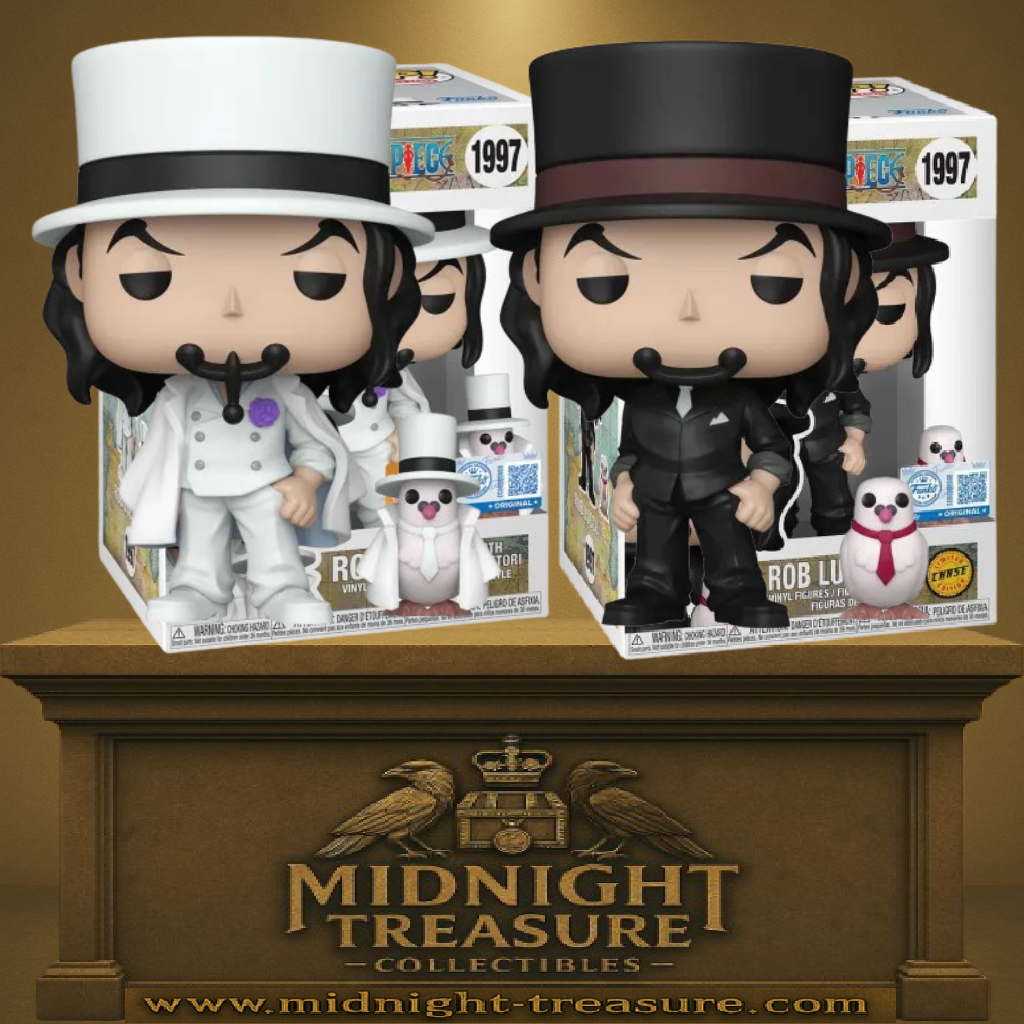 Funko Pop! One Piece – Rob Lucci with Hattori (Rob Lucci avec Hattori) – Lot exclusif Chase + CP0 (N°1997). Ensemble incluant Rob Lucci en costume noir (édition Chase) et en tenue blanche (CP0) avec son pigeon Hattori assorti. Un pack collector indispensable pour les fans de One Piece.