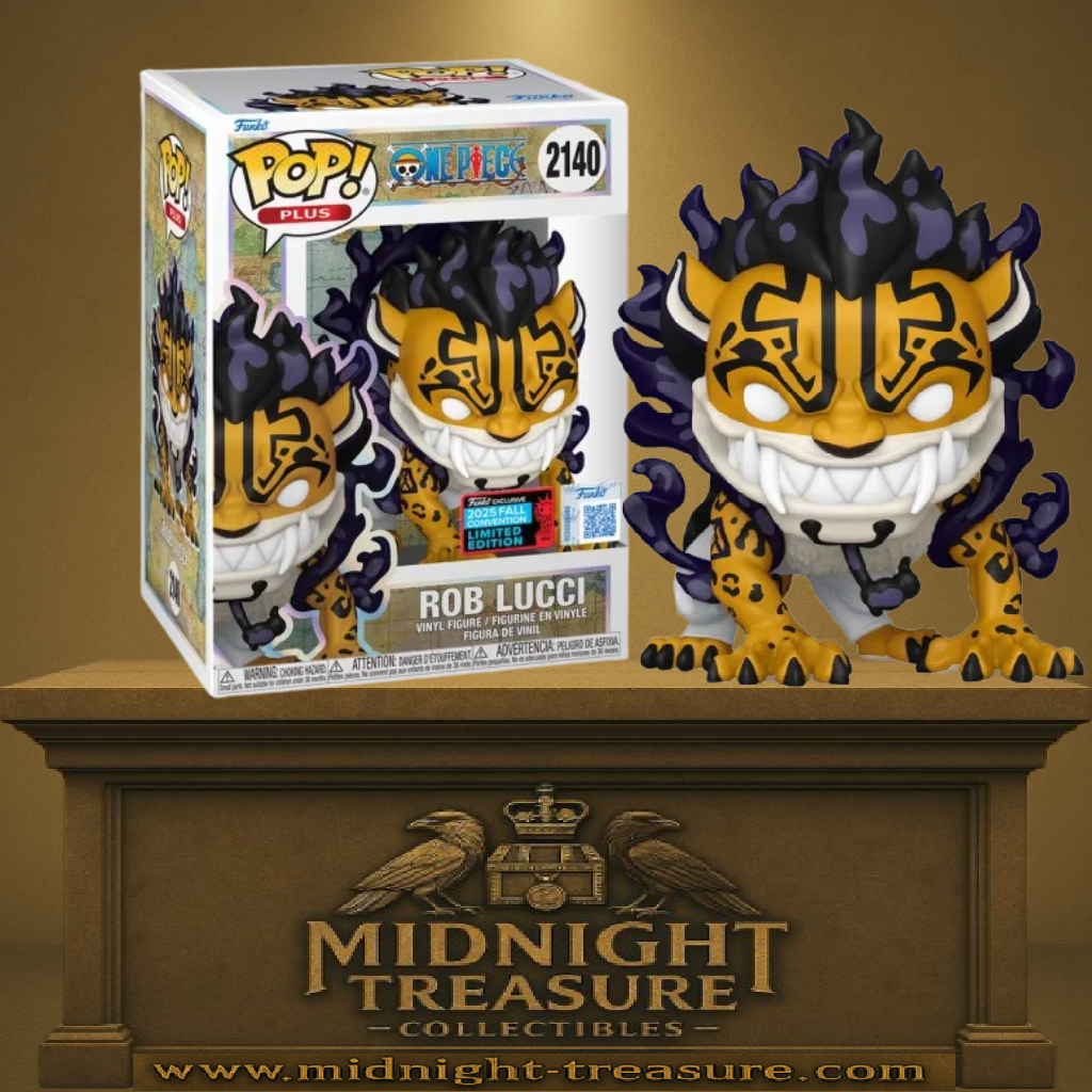 Funko Pop! One Piece – Rob Lucci (Forme Léopard) (N°2140) – Fall Convention NYCC 2025. Figurine exclusive représentant Rob Lucci en forme hybride léopard, avec aura violette et crocs acérés.