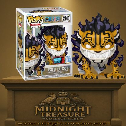 Funko Pop! One Piece – Rob Lucci (Forme Léopard) (N°2140) – Fall Convention NYCC 2025. Figurine exclusive représentant Rob Lucci en forme hybride léopard, avec aura violette et crocs acérés.