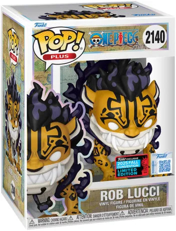 Funko Pop! One Piece – Rob Lucci (Forme Léopard) (N°2140) – Fall Convention NYCC 2025. Figurine exclusive représentant Rob Lucci en forme hybride léopard, avec aura violette et crocs acérés.