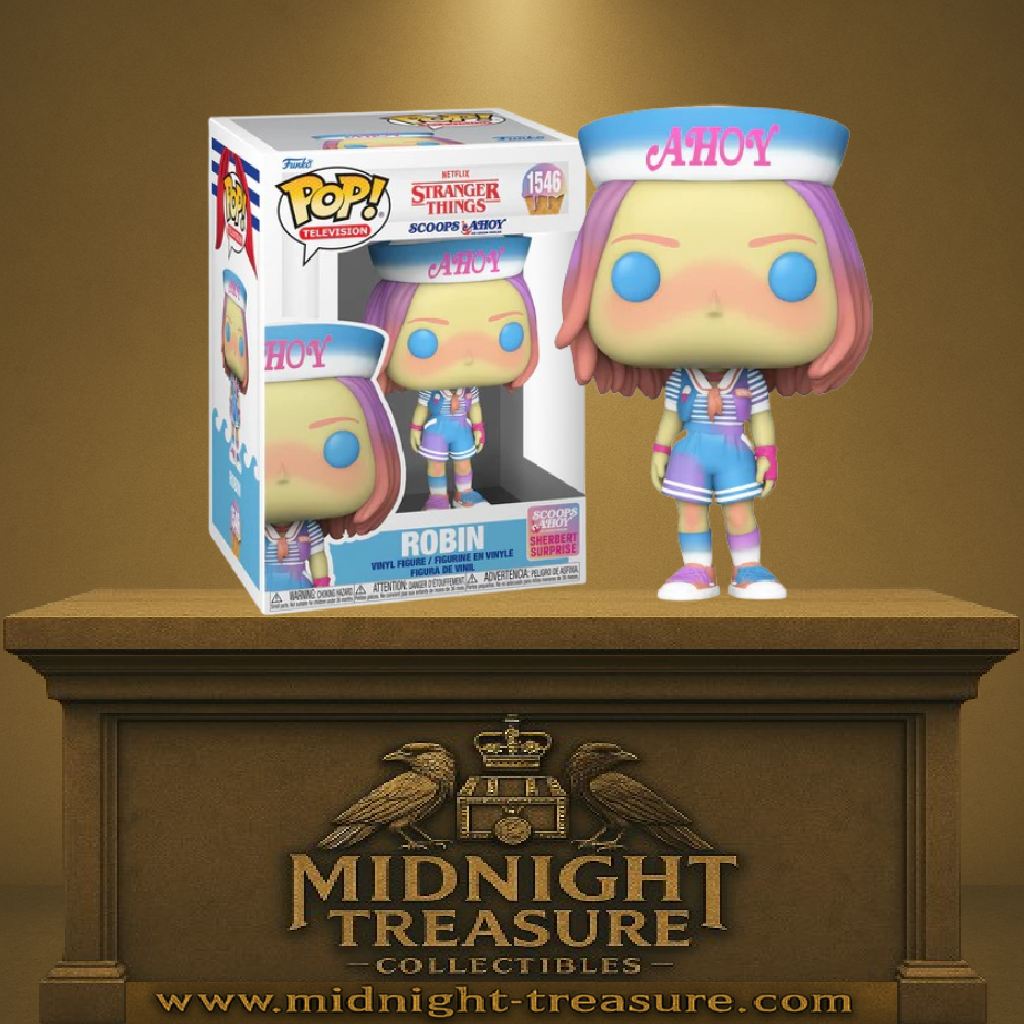 Funko Pop! Robin (1546) en uniforme Scoops Ahoy de Stranger Things, tenant un cornet de glace rose. Figurine avec chapeau "AHOY", expression malicieuse et cheveux mi-longs colorés en rose et violet.