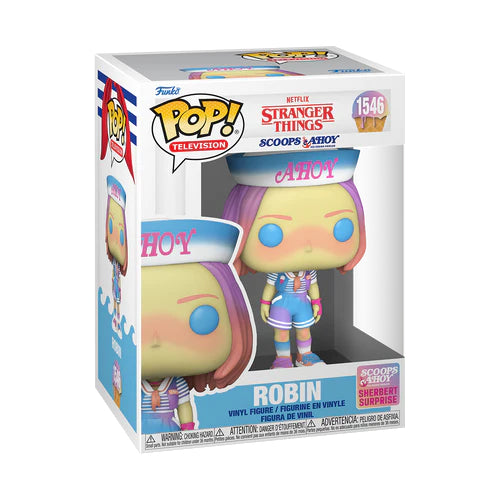 Funko Pop! Robin (1546) en uniforme Scoops Ahoy de Stranger Things, tenant un cornet de glace rose. Figurine avec chapeau "AHOY", expression malicieuse et cheveux mi-longs colorés en rose et violet.