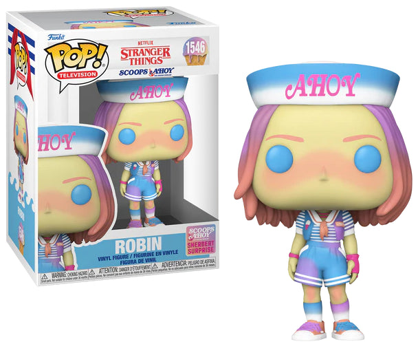 Funko Pop! Robin (1546) en uniforme Scoops Ahoy de Stranger Things, tenant un cornet de glace rose. Figurine avec chapeau "AHOY", expression malicieuse et cheveux mi-longs colorés en rose et violet.