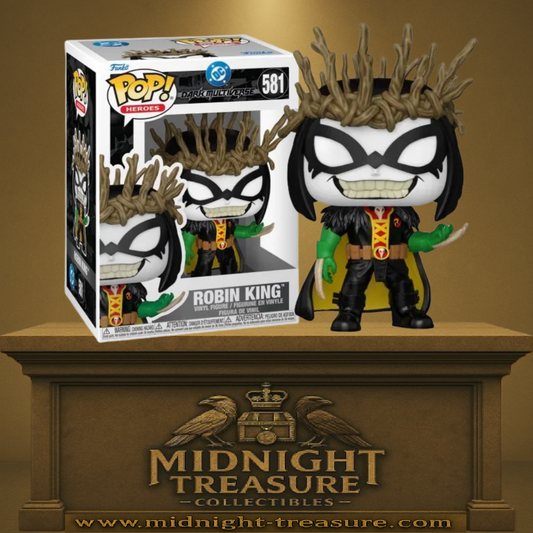Funko Pop! DC Comics – Robin King (Robin Roi) (N°581). Figurine représentant Robin dans sa version démoniaque avec couronne de branches et cape noire. Une Pop! sombre et captivante issue du Dark Multiverse.